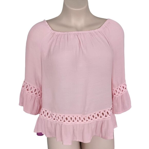 Unique Spectrum Womens Pink XL Peasant Top Crochet Details 3/4 Sleeves - Picture 1 of 7